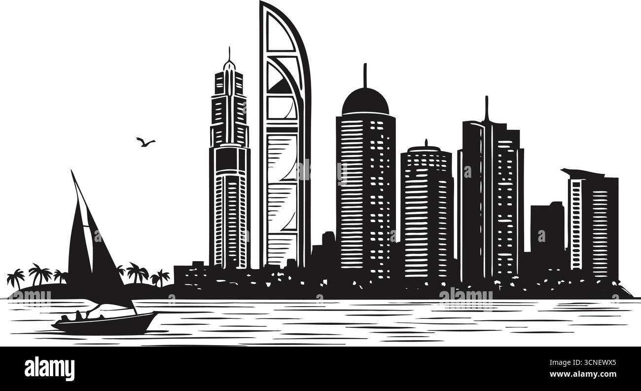 Design grafico ad alta risoluzione in bianco e nero per la silhouette della città per progetti urbani moderni Illustrazione Vettoriale