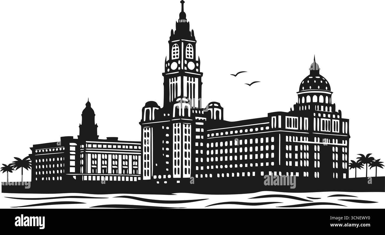 Silhouette City skyline in bianco e nero ad alta risoluzione per progetti di design grafico Illustrazione Vettoriale