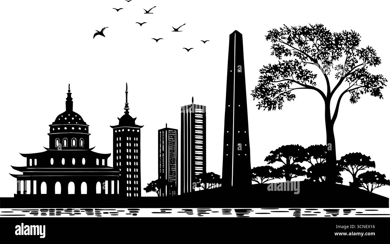 Design ad alta risoluzione in bianco e nero con profilo della città caratterizzato da un'architettura moderna e da elementi paesaggistici urbani Illustrazione Vettoriale