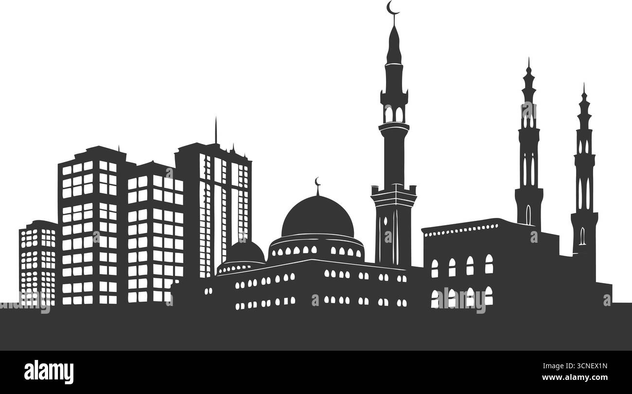 Una silhouette in bianco e nero ad alta risoluzione dello skyline cittadino che illustra l'architettura urbana e le vedute del paesaggio urbano Illustrazione Vettoriale