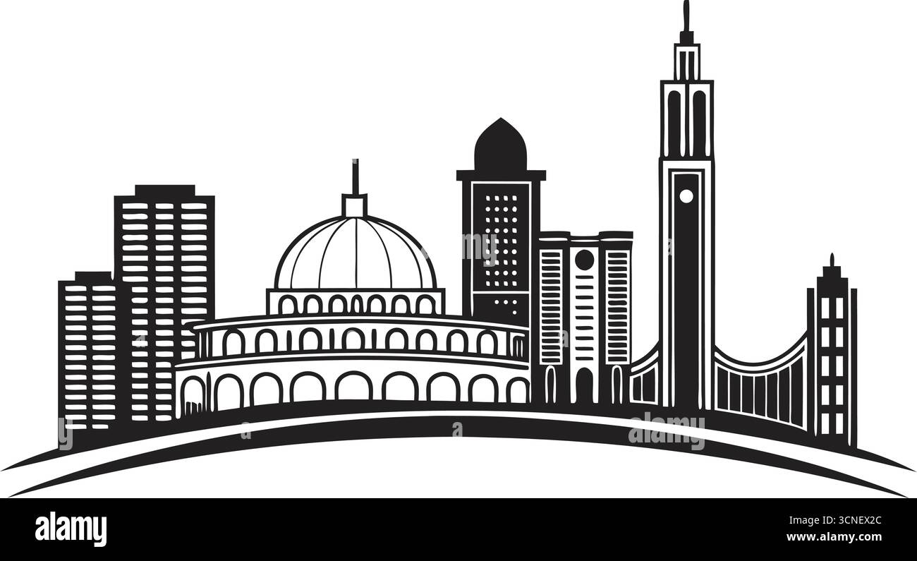 Design grafico della silhouette della città in bianco e nero ad alta risoluzione Illustrazione Vettoriale