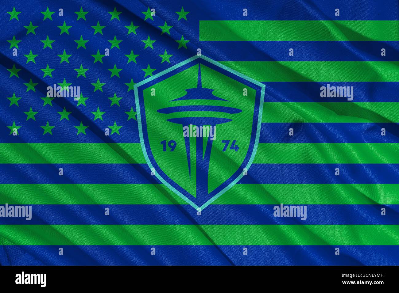 Pringsewu, Lampung; 21 settembre 2025; tessuto ondulato sul logo della squadra di calcio Seattle Sounders nella Major League Soccer (MLS) Foto Stock