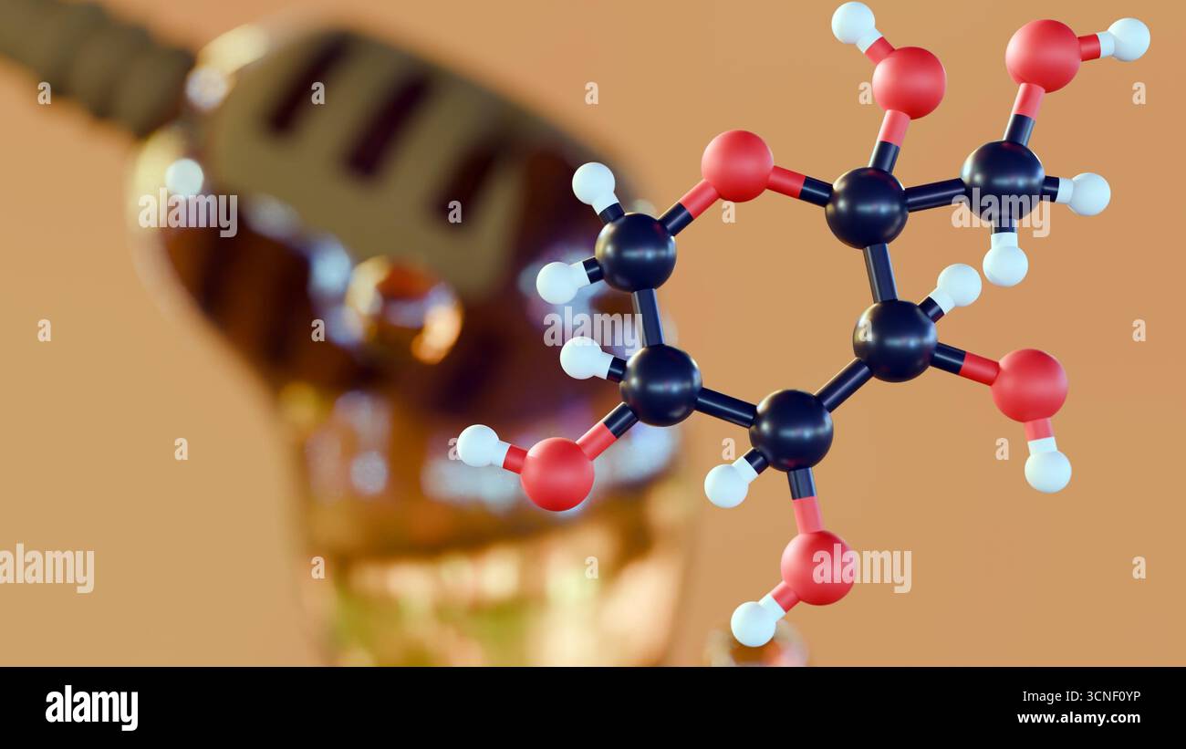 Rendering 3d di molecola di fruttosio e miele Foto Stock