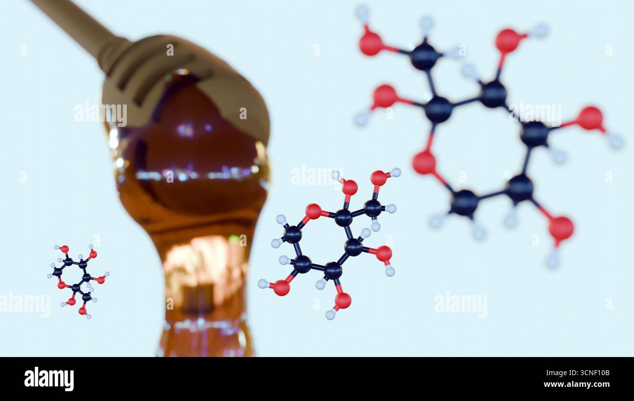 Rendering 3d di molecola di fruttosio e miele Foto Stock