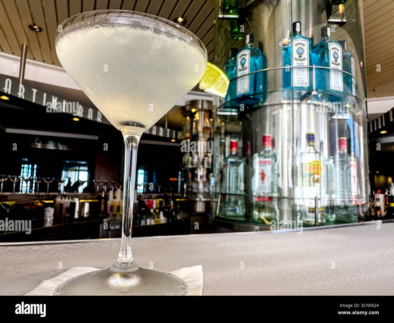 Un classico martini servito al Martini Bar, con bottiglie di liquore illuminate e un'atmosfera da bar di lusso a bordo di una lussuosa nave da crociera. Foto Stock