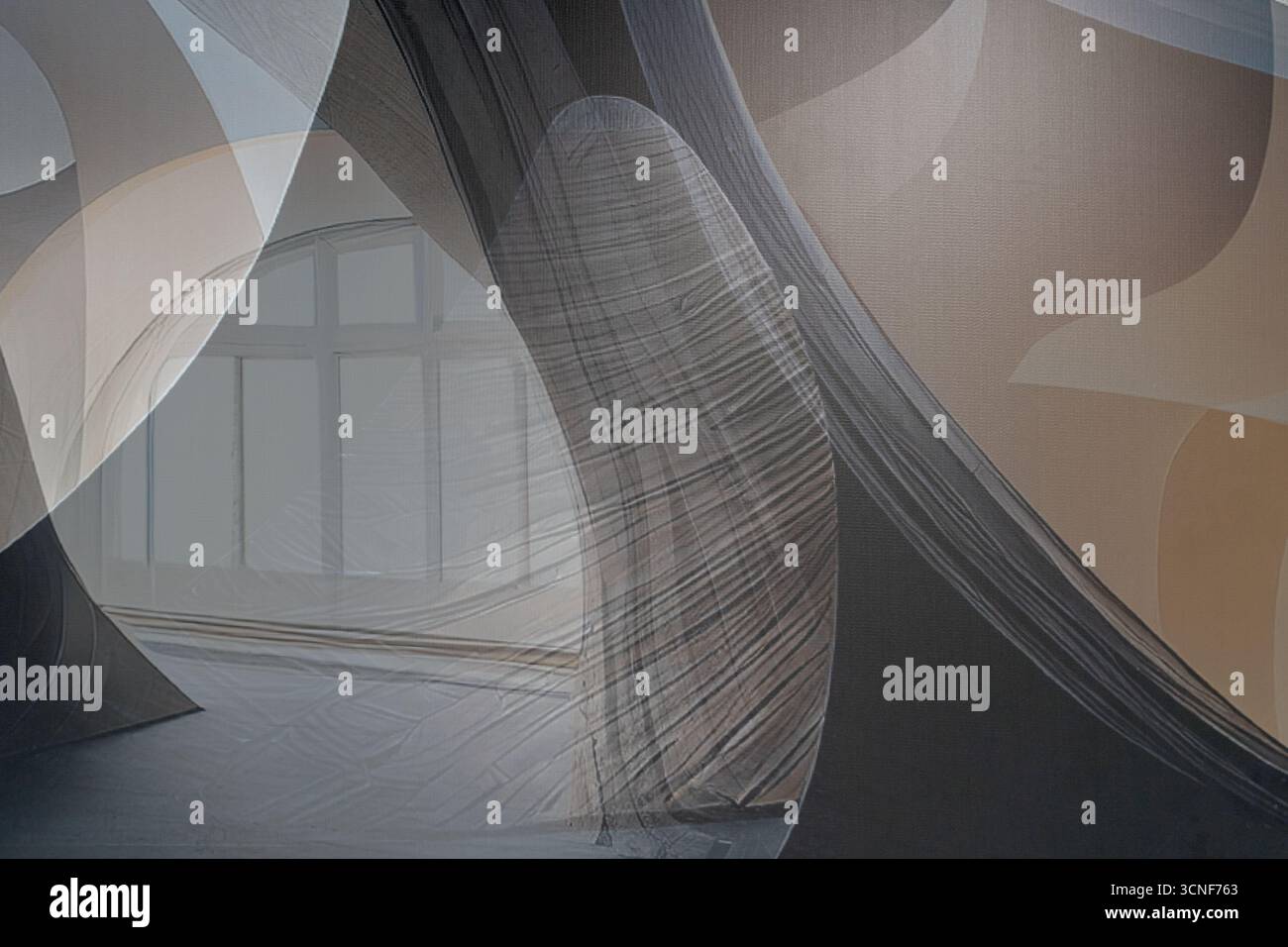 Una composizione digitale a strati in cui il tessuto traslucido si sovrappone a una finestra interna ad arco, mescolando architettura con forme astratte per creare surrea Foto Stock