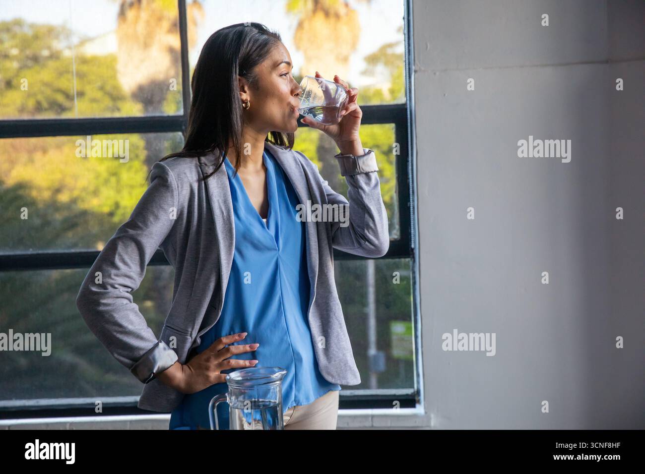 Caraffa d'acqua trasparente appoggiata su una scrivania bianca vicino a telai di finestre in metallo con vista sulle palme Foto Stock