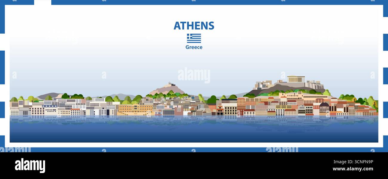 Skyline di Atene con un bordo incorniciato nei colori della bandiera greca. Illustrazione vettoriale Illustrazione Vettoriale