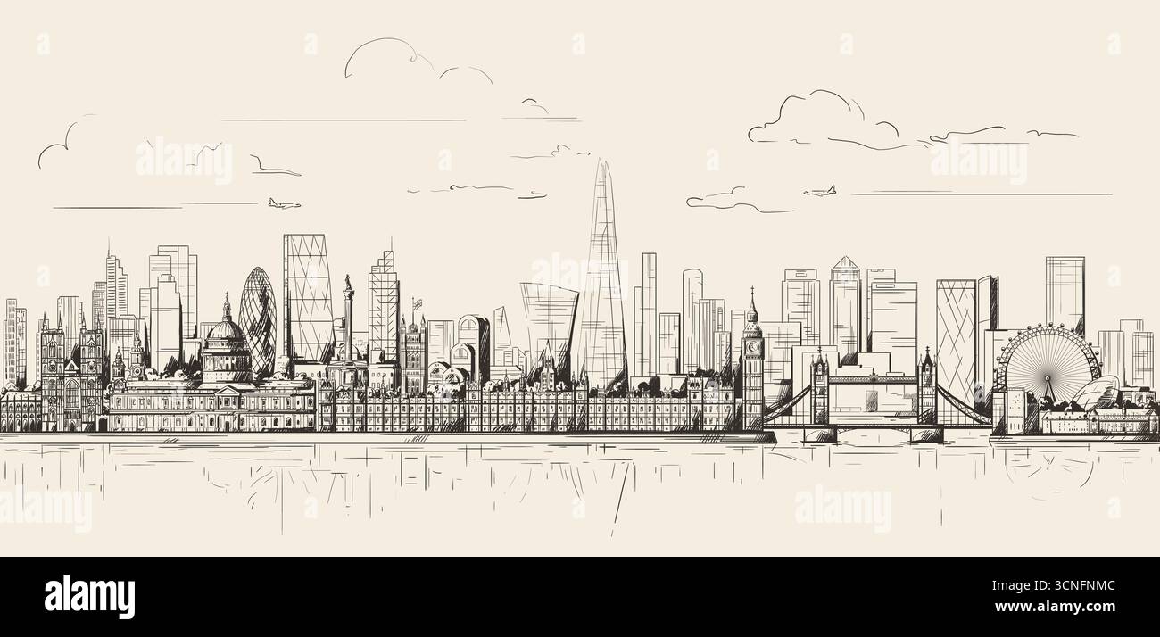 Skyline di Londra in stile disegno su uno sfondo marrone morbido. Illustrazione vettoriale Illustrazione Vettoriale