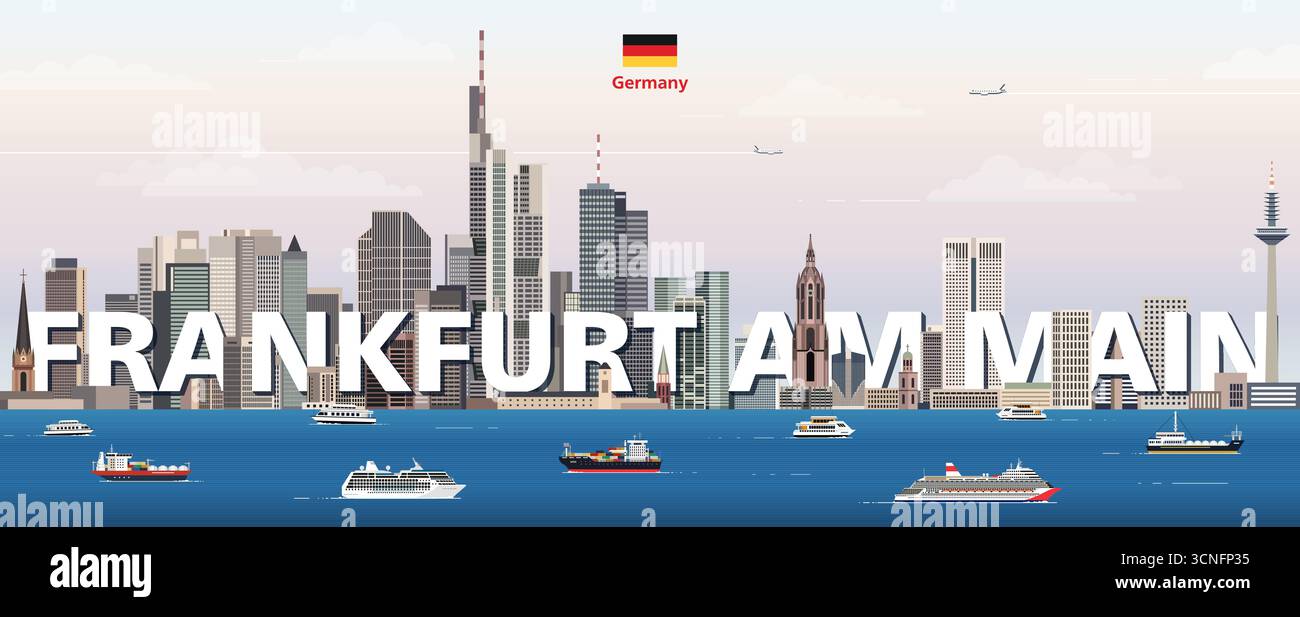 Francoforte sul meno illustrazione vettoriale colorata con il nome di una grande città sullo sfondo. Poster di tendenza per i viaggi Illustrazione Vettoriale