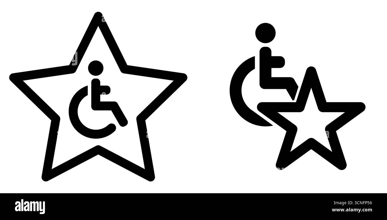 Icona sedia a rotelle per disabili all'interno e dietro la stella a cinque punte Illustrazione Vettoriale