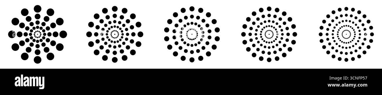 Set di piccoli cerchi irradiati dal centro formando un oggetto rotondo più grande, versione con 12 - 24 raggi Illustrazione Vettoriale