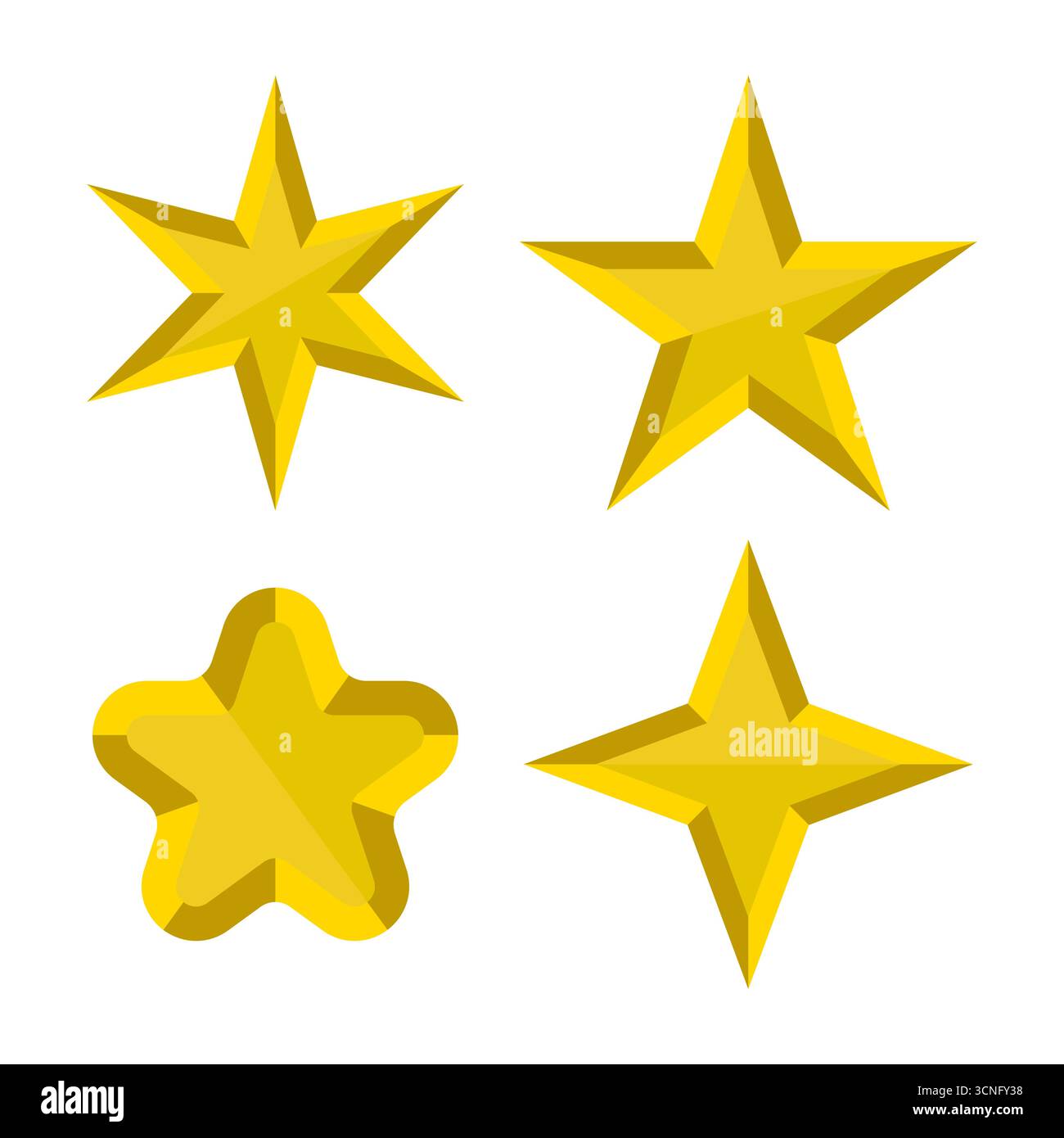 Shiny Golden Star Shapes Collection. Perfetto per l'uso in premi, traguardi, distintivi, decorazioni, celebrazioni o elementi di gioco digitali. Illustrazione Vettoriale