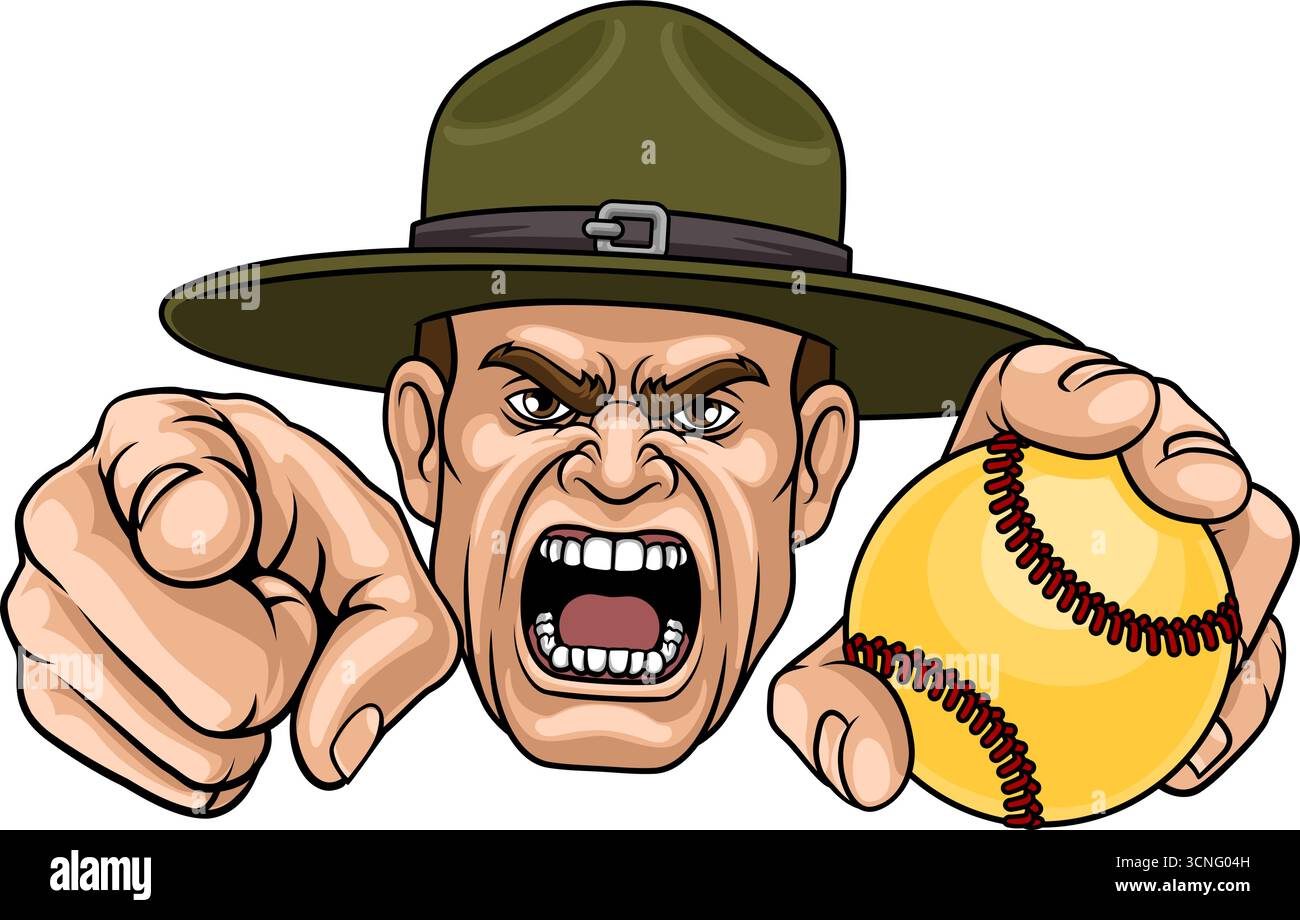 Istruttore di perforazione Sergente Bootcamp Softball Mascotte Illustrazione Vettoriale