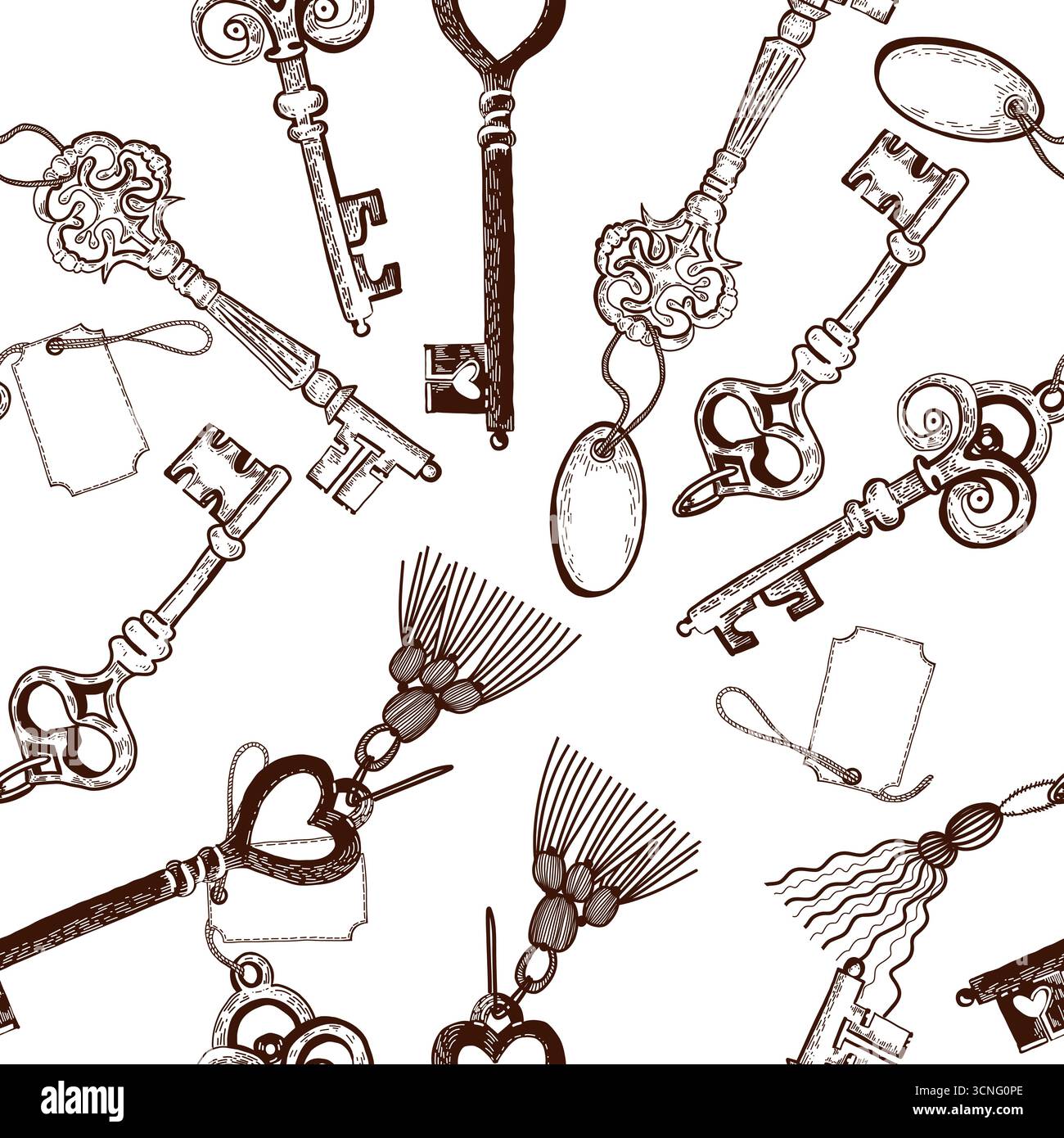Motivo vettoriale senza cuciture di chiavi vintage con etichette e nappine decorative. Tutto è disegnato a mano con l'inchiostro. Immagine adatta per la stampa su carta Illustrazione Vettoriale