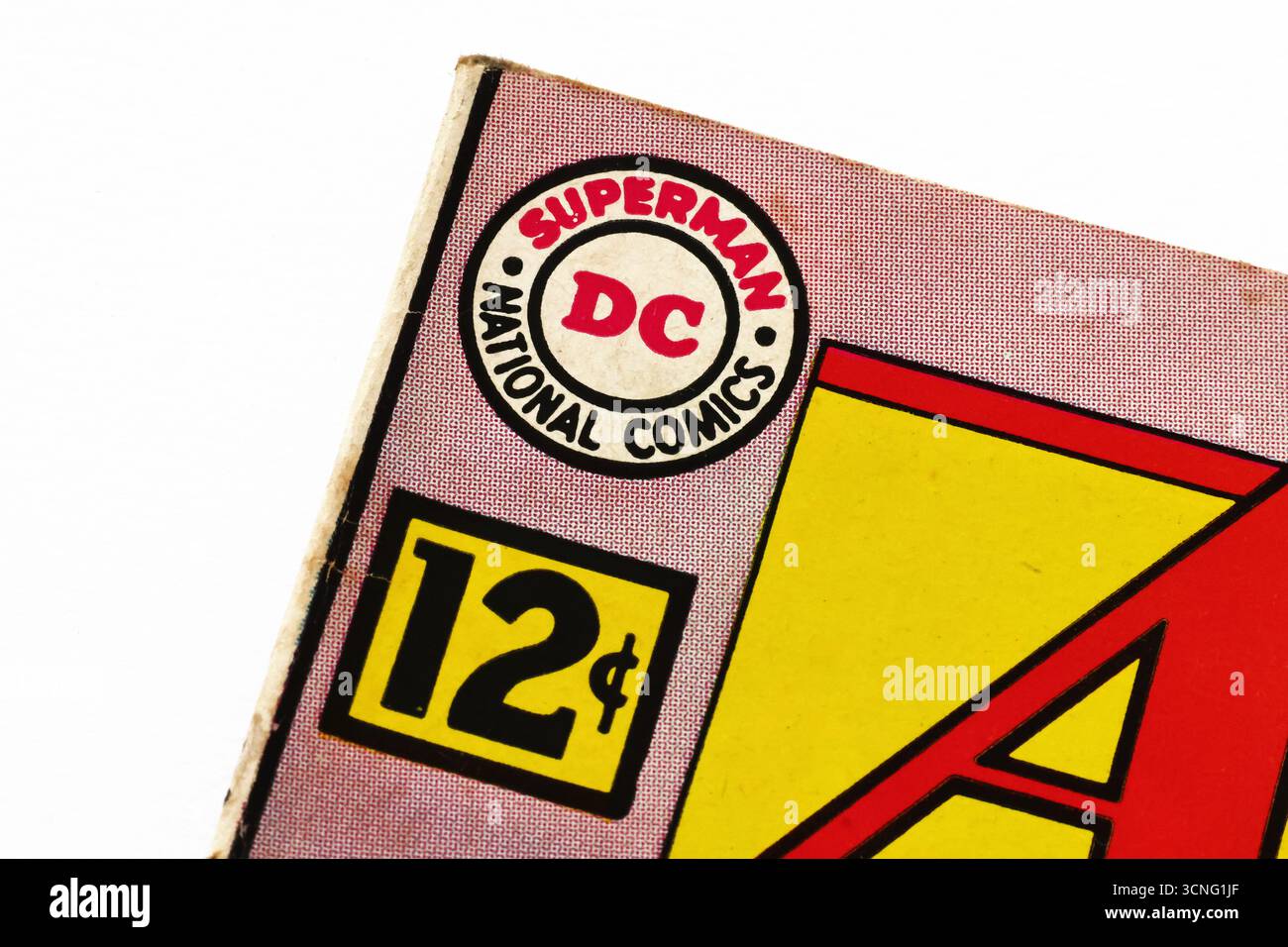 Scatola con logo vintage DC Comics con prezzo di 12 centesimi tratto dalla copertina di Action Comics Foto Stock