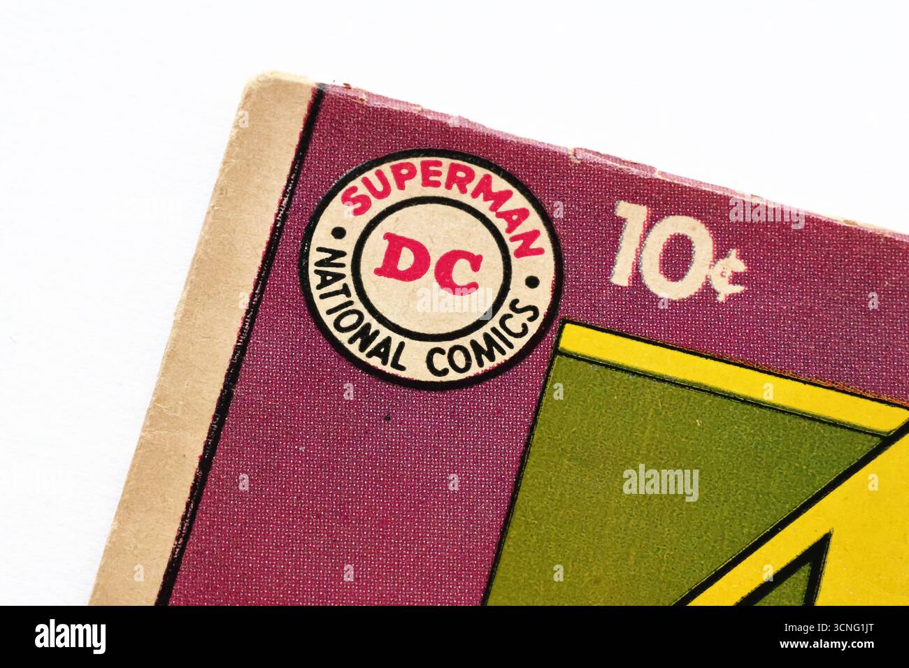 Scatola con logo vintage DC Comics con 10 centesimi di prezzo tratta dalla copertina di Action Comics Foto Stock