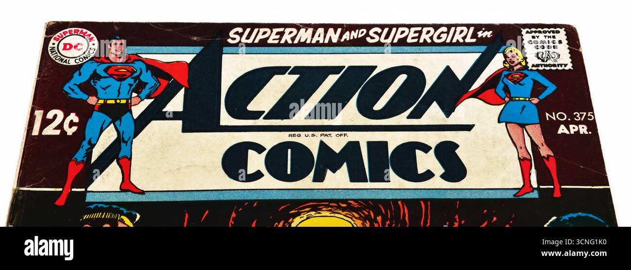 Primo piano del logo del titolo Action Comics da una copertina vintage DC Comics Foto Stock