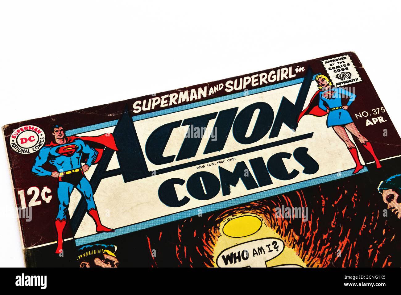 Primo piano del logo del titolo Action Comics da una copertina vintage DC Comics Foto Stock
