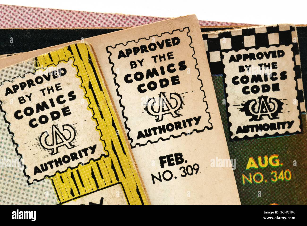 Logo vintage "Approved by the Comics Code Authority" dalla copertina di Action Comics Foto Stock