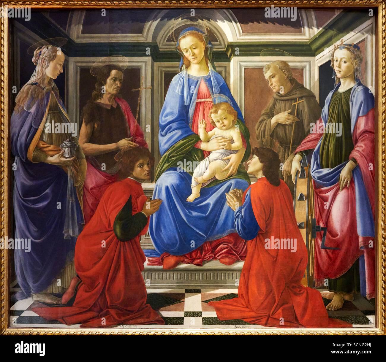 Madonna con il bambino e Santa Maria Maddalena, San Giovanni Battista, San Francesco d'Assisi, Santa Caterina d'Alessandria, San Cosma e San Damiano, 1470, Foto Stock