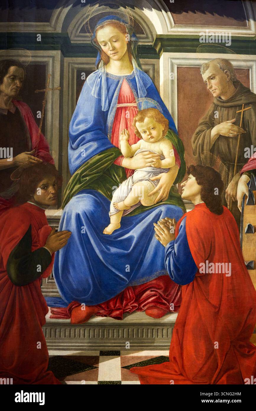 Primo piano, Madonna con il bambino e Santa Maria Maddalena, San Giovanni Battista, San Francesco d'Assisi, Santa Caterina d'Alessandria, San Cosma e San Dami Foto Stock