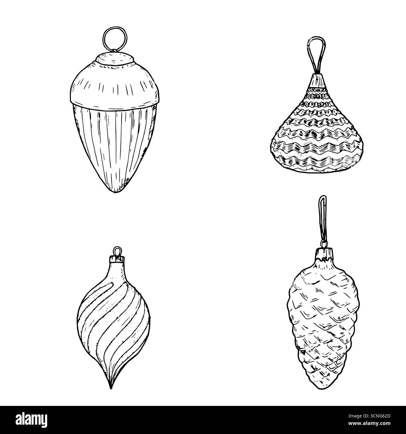 Giocattoli per alberi di Natale e palle di forme diverse, schizzi. Illustrazione vettoriale. Set di sagome isolate su sfondo bianco. Il tema dell'anno nuovo Illustrazione Vettoriale