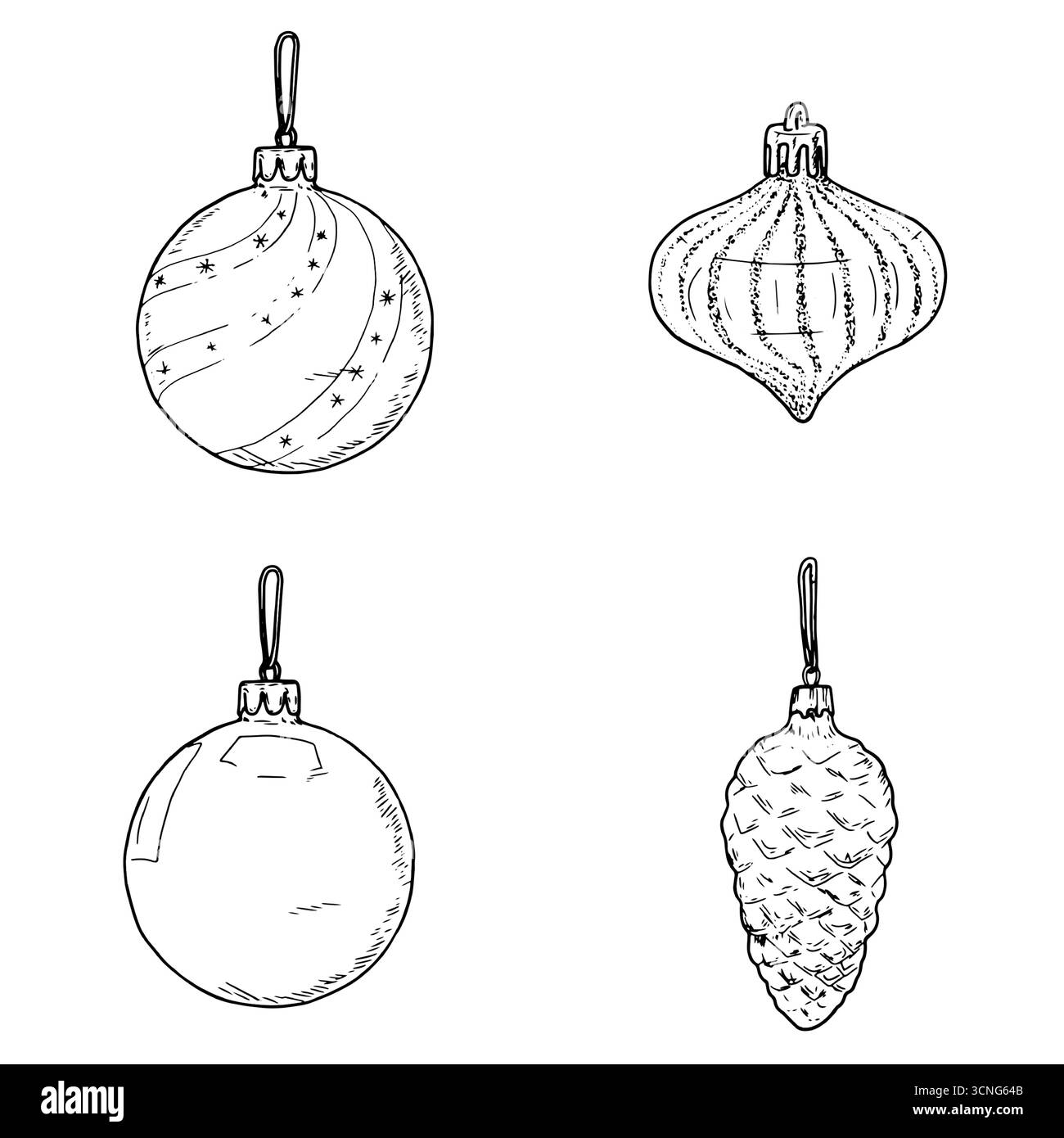 Giocattoli per alberi di Natale e palle di forme diverse, schizzi. Illustrazione vettoriale. Set di sagome isolate su sfondo bianco. Il tema dell'anno nuovo Illustrazione Vettoriale