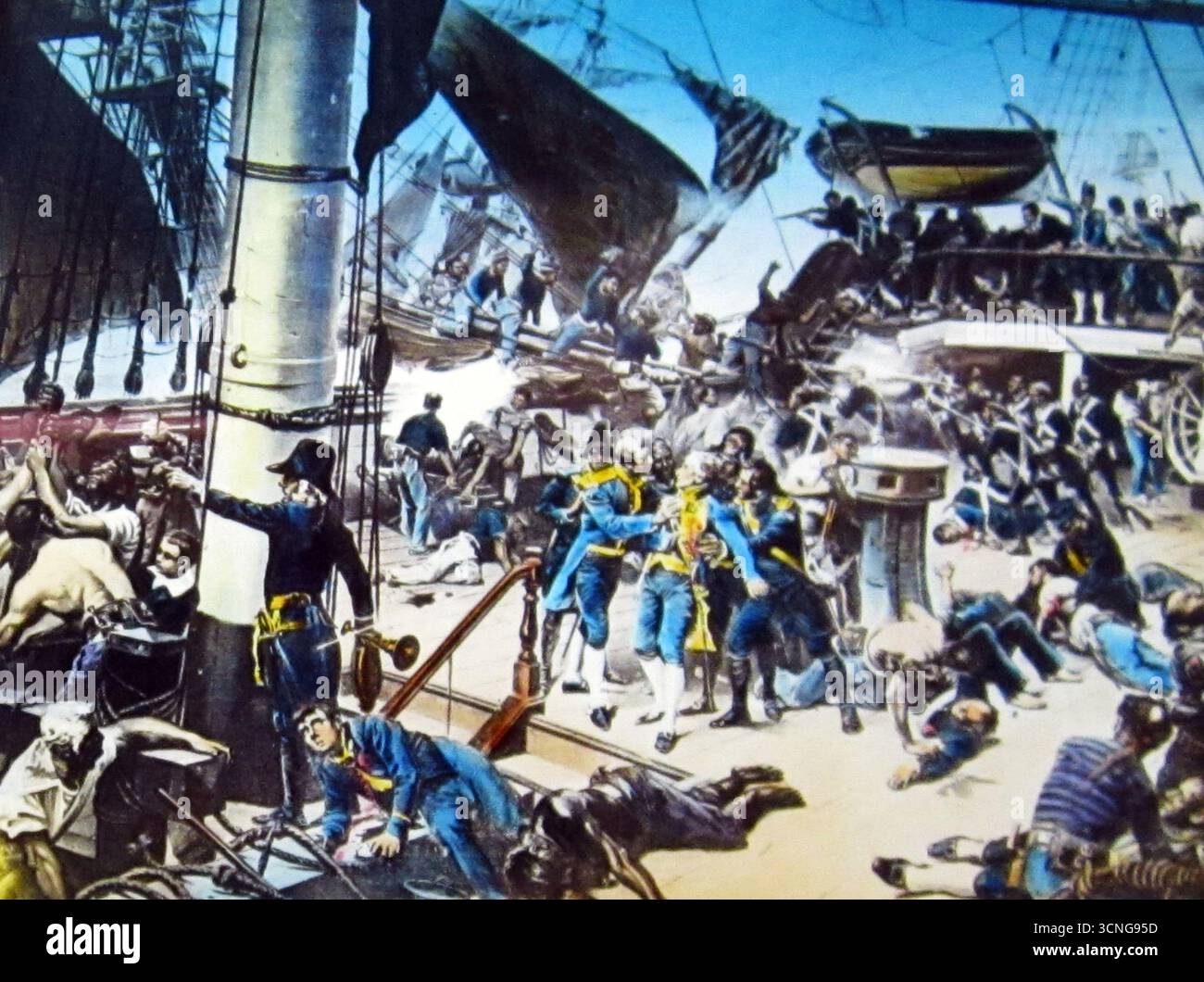 Illustrazione della morte di Lord Nelson (da uno scivolo magico vittoriano) Foto Stock