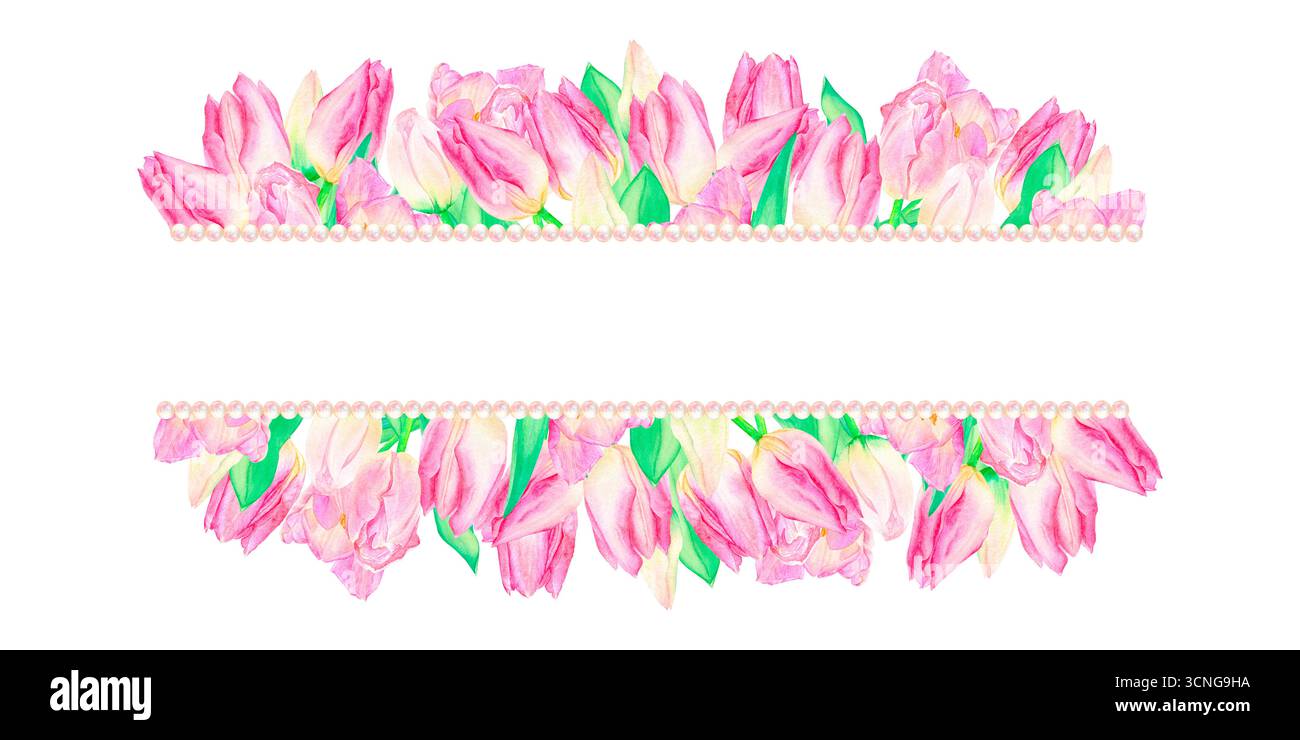 Splendida cornice ad acquerello di tulipani rosa che lascia perle. Isolata su sfondo bianco. Adatta per cartoline, design, stampa, congratulazioni. Foto Stock