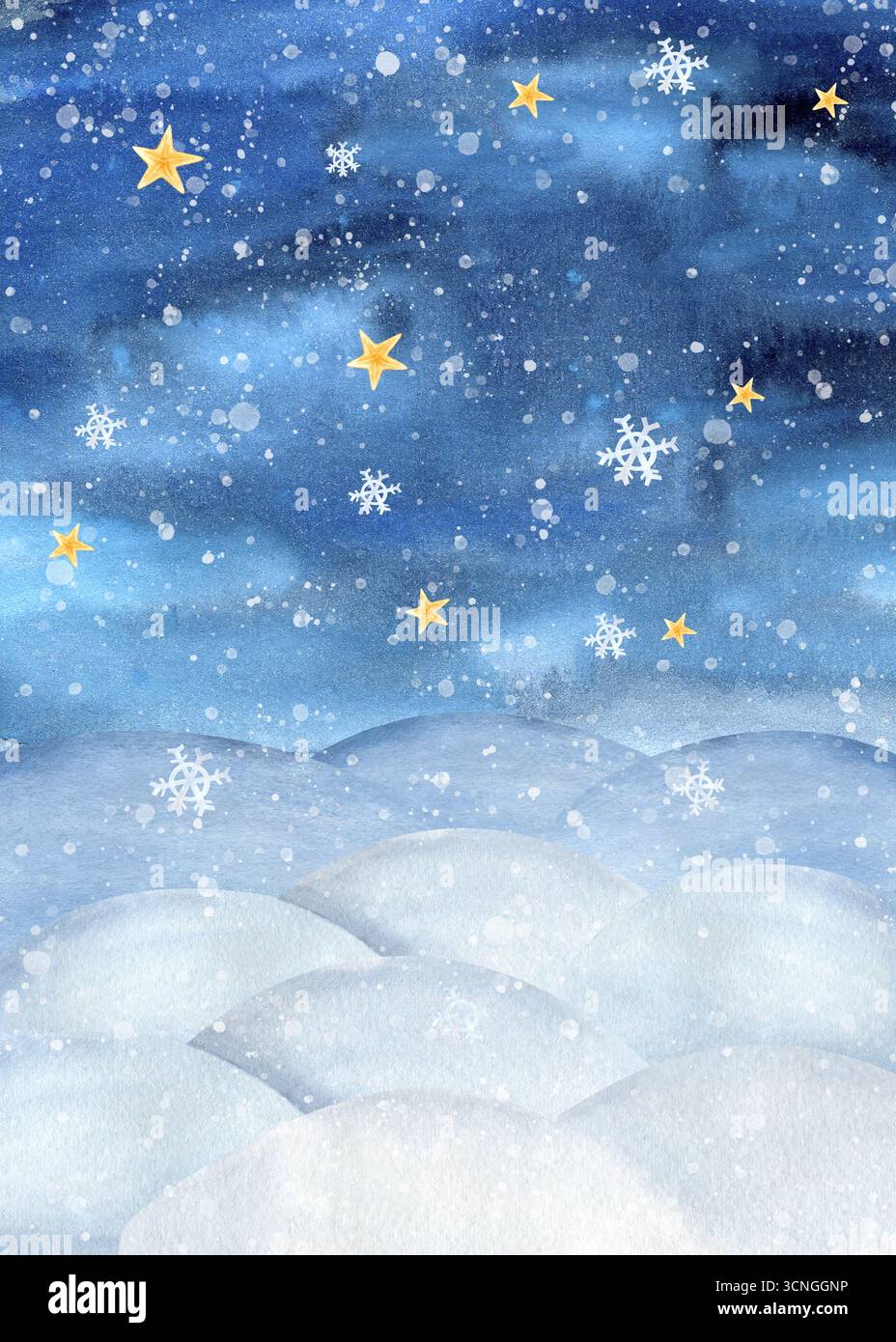 Modello di paesaggio invernale per le vacanze. Neve deserta, cielo notturno, nevicata, stella d'oro, cornice artistica con fiocchi di neve. Sfondo neve, anno nuovo Foto Stock
