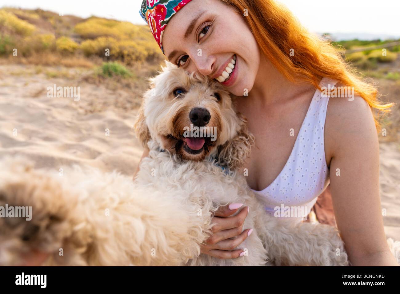 Una giovane rossa che abbraccia il suo gioioso barboncino su una spiaggia soleggiata, condividendo un momento estivo spensierato di amicizia, lealtà e risate durante il Golden hou Foto Stock