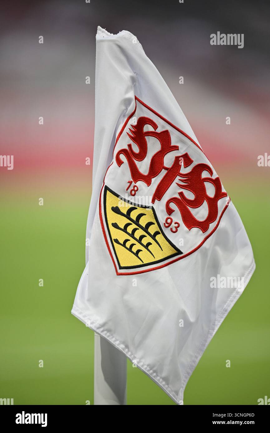 Bandiera d'angolo con stemma, logo, VfB Stuttgart, Football Bundesliga, MHPArena, MHP Arena Stuttgart, Baden-Wuerttemberg, Germania Foto Stock