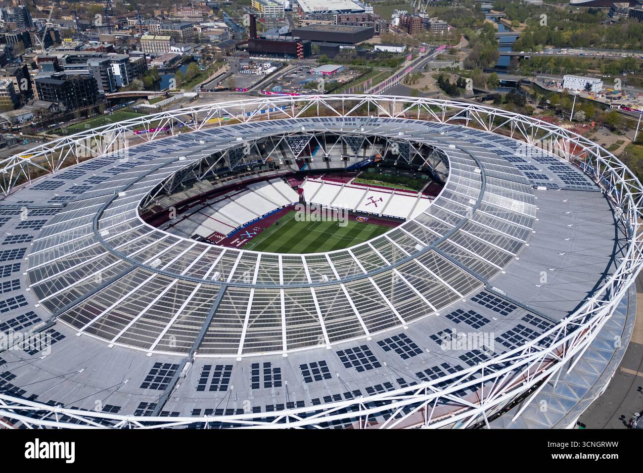 Veduta aerea dello stadio di Londra, sede del West Ham United, Londra, Regno Unito Foto Stock
