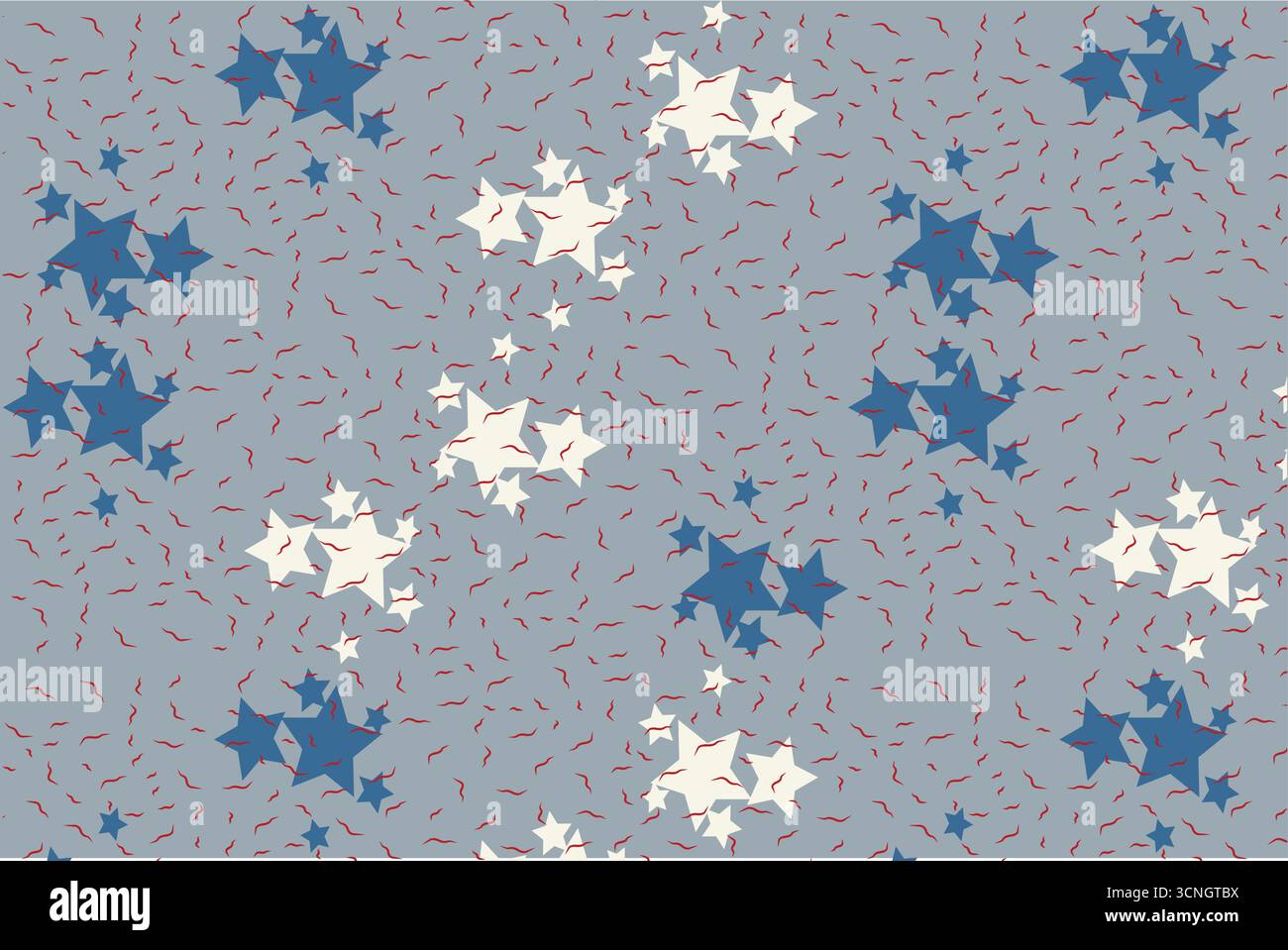 Uno sfondo vettoriale senza cuciture con forme color crema a stella, profonde macchie blu navy e forme di petali rossi sparpagliati su una base grigia. Il biologico, ab Illustrazione Vettoriale