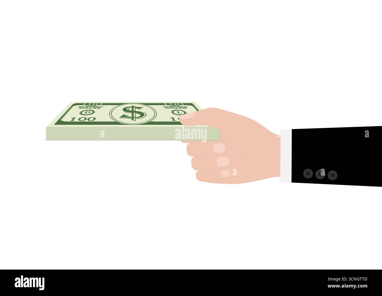 Mano che tiene una pila di banconote da dollari o contanti. Illustrazione vettoriale isolata su sfondo bianco. Illustrazione Vettoriale
