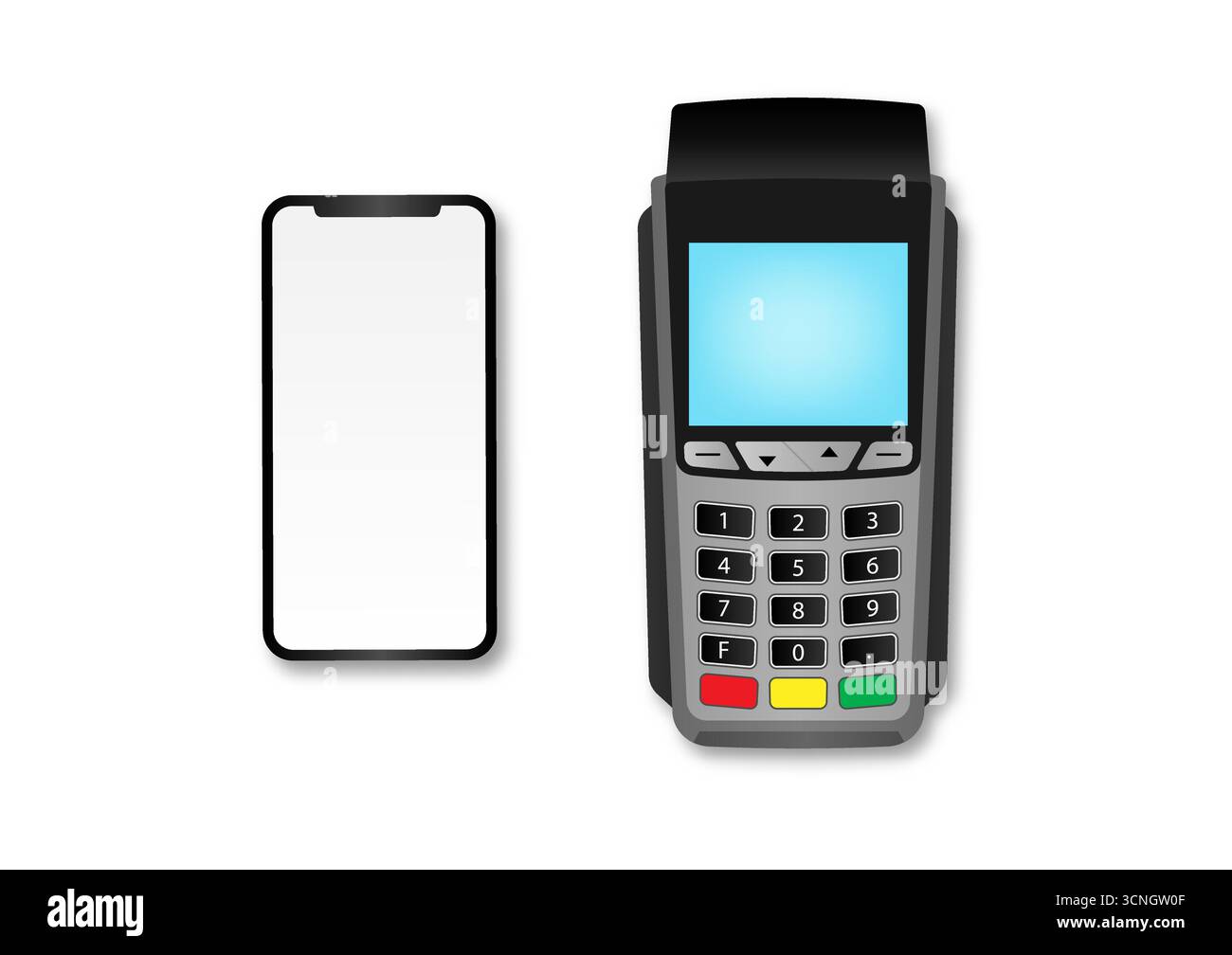 Smartphone collegato al POS - terminale POS. Concetto di pagamento wireless o senza contatto. Illustrazione vettoriale. Illustrazione Vettoriale