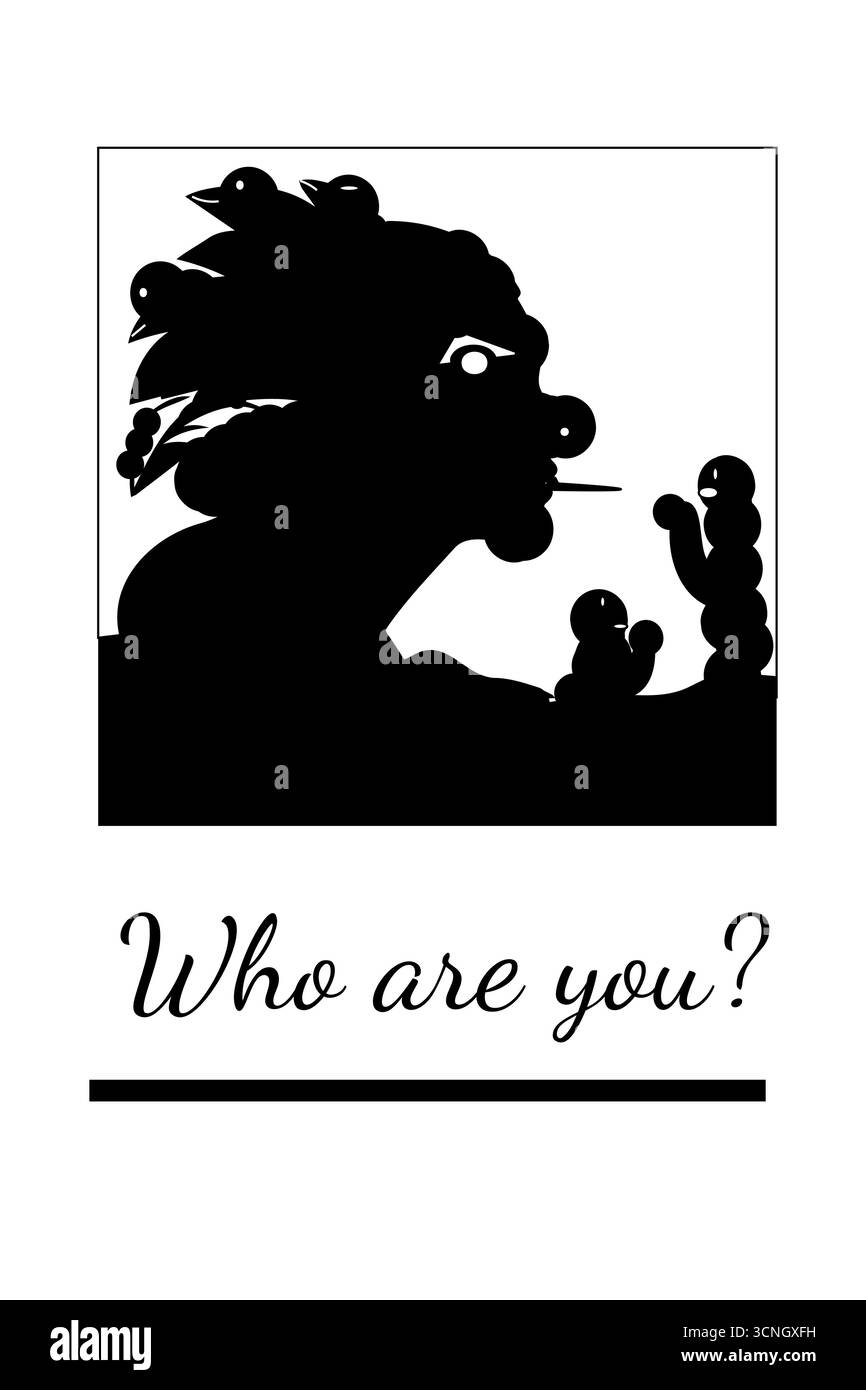 Una silhouette nera a contrasto elevato con elementi espressivi e mostruosi è abbinata alla didascalia scritta a mano "chi sei?" in questo vettore minimalista i Illustrazione Vettoriale