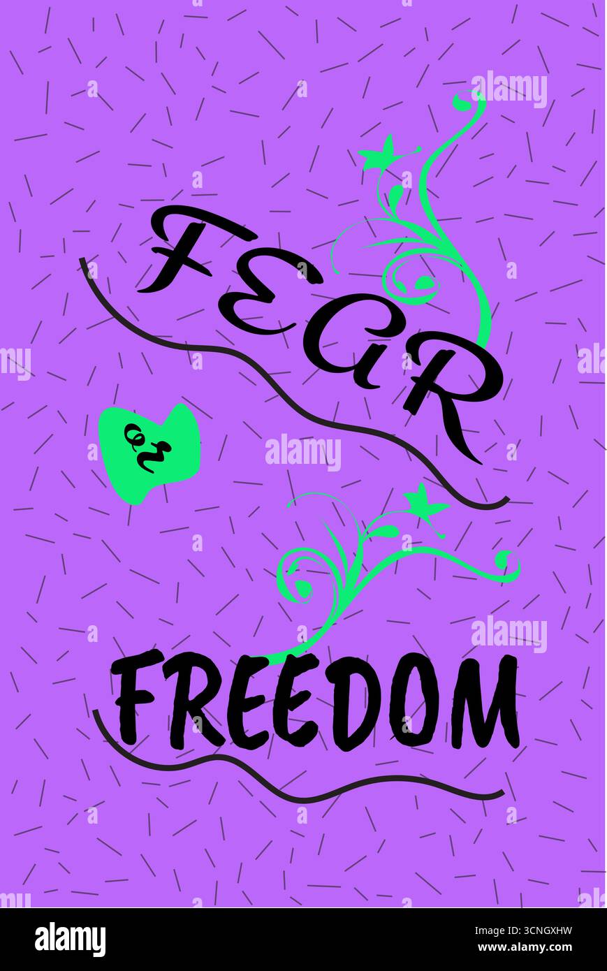 Un'impressionante illustrazione vettoriale con testo nero audace "PAURA" e "LIBERTÀ" su un vivace sfondo a trama viola con turbolenza decorativa verde della vite Illustrazione Vettoriale