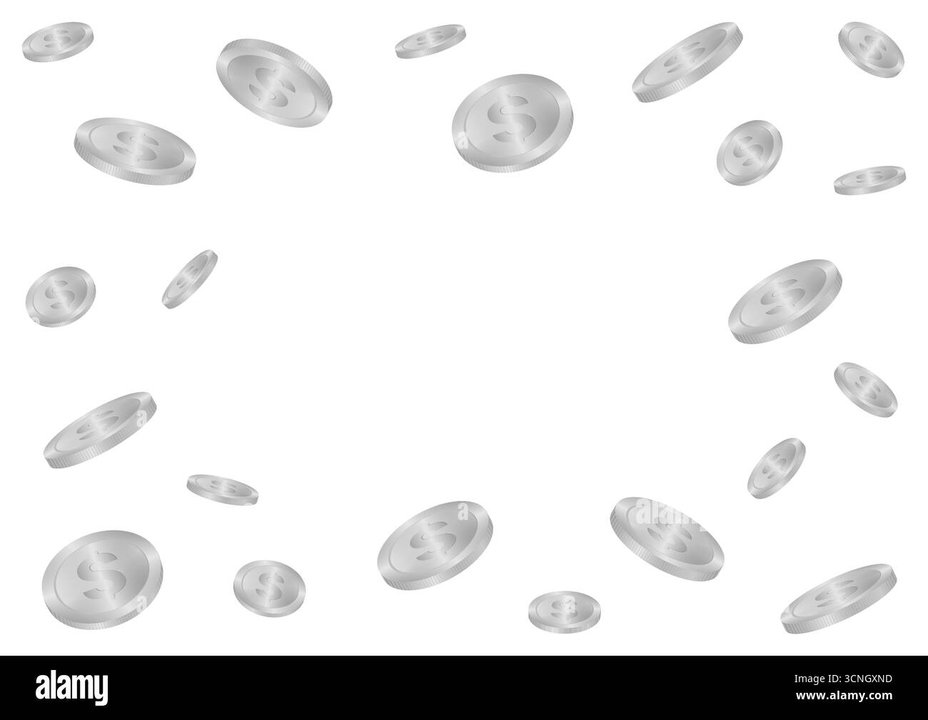 Monete d'argento che cadono o volano. Sfondo Silver Coin. Concetto di ricchezza e ricchezza. Illustrazione vettoriale. Illustrazione Vettoriale