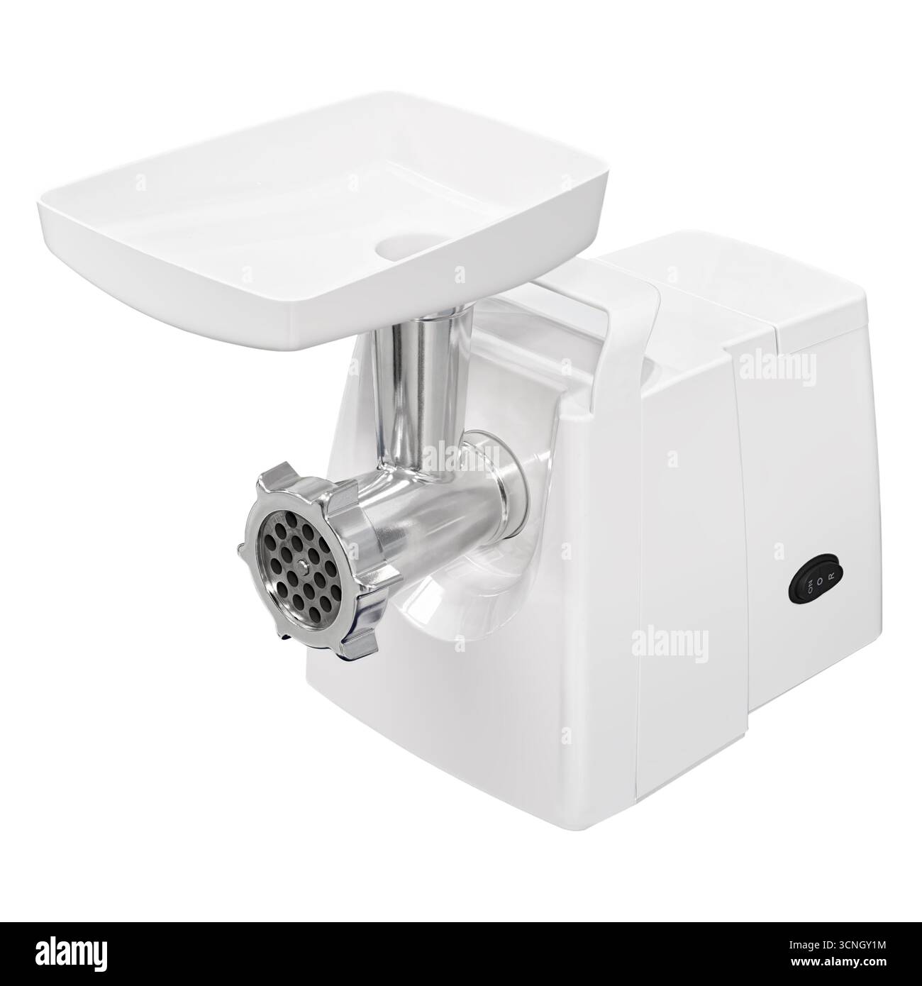 Macinacaffè elettrico bianco per uso domestico, isolato su sfondo bianco Foto Stock