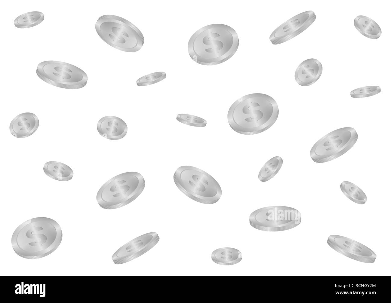Monete d'argento che cadono o volano. Sfondo Silver Coin. Concetto di ricchezza e ricchezza. Illustrazione vettoriale. Illustrazione Vettoriale