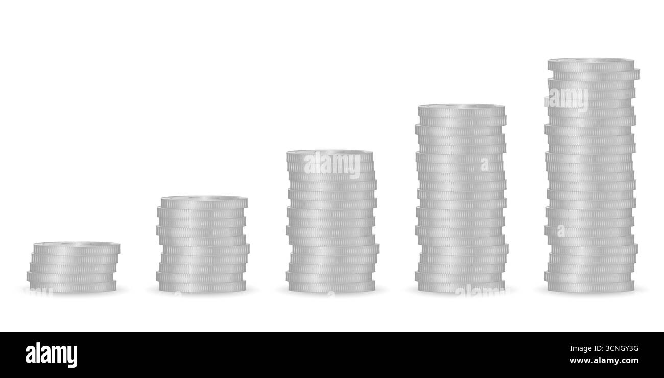 Pila di monete d'argento. Pila di monete. Pile di monete d'argento. Concetto di risparmio, investimento e ricchezza. Illustrazione vettoriale. Illustrazione Vettoriale