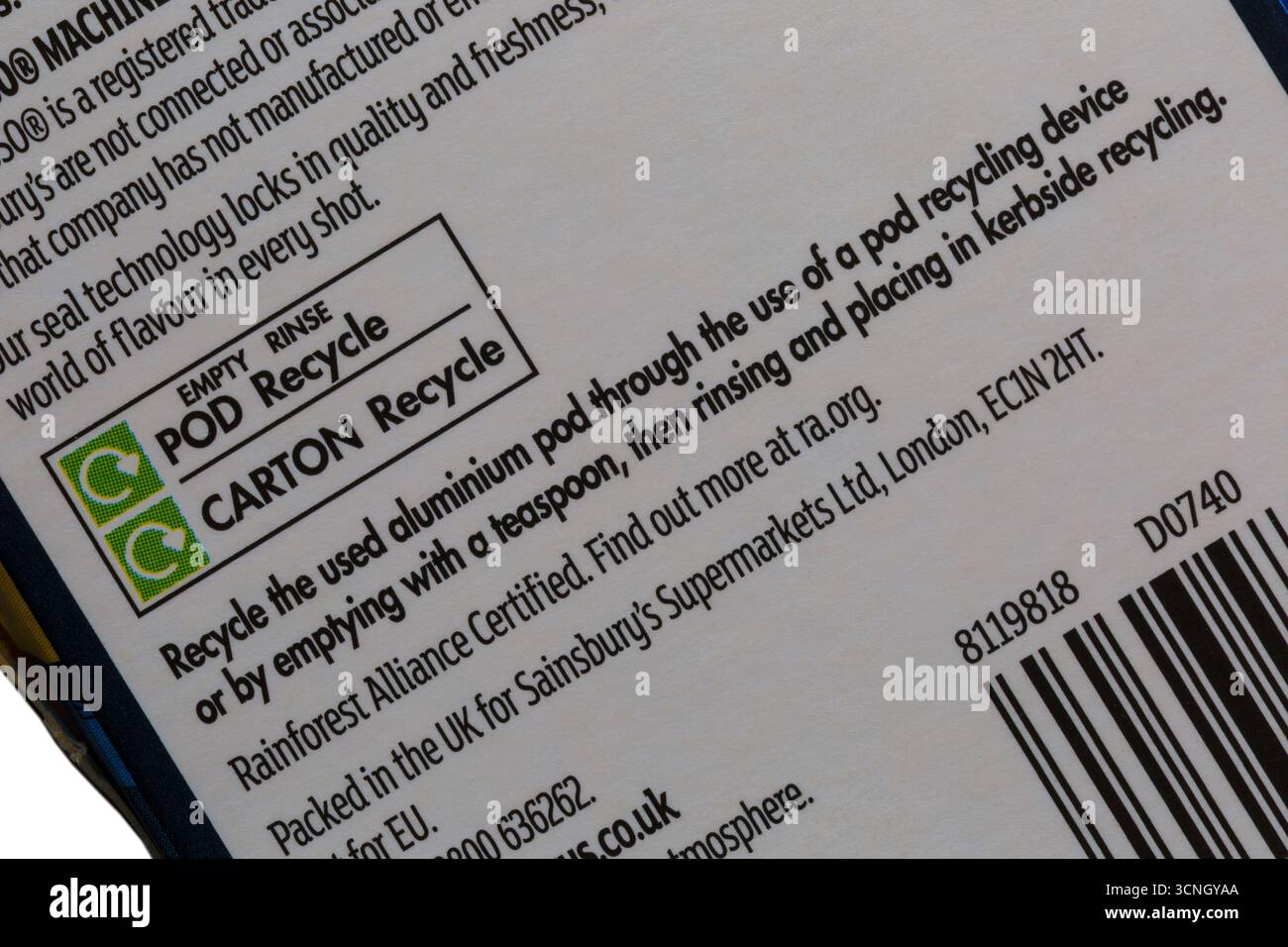 Informazioni sul riciclaggio sulla scatola di Sainsburys Taste the Difference caffè espresso Decaff capsule in alluminio cialde - CIALDE riciclate cartoni Foto Stock