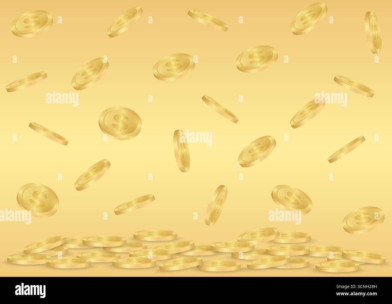 Cumulo di monete d'oro. Monete d'oro che cadono in pile di monete d'oro su sfondo dorato. Concetto di ricchezza e ricchezza. Illustrazione vettoriale. Illustrazione Vettoriale