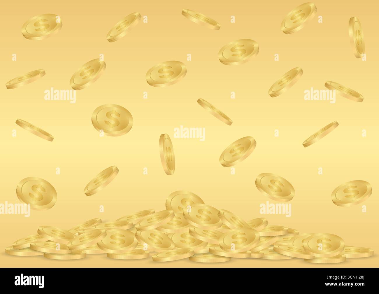 Cumulo di monete d'oro. Monete d'oro che cadono in pile di monete d'oro su sfondo dorato. Concetto di ricchezza e ricchezza. Illustrazione vettoriale. Illustrazione Vettoriale