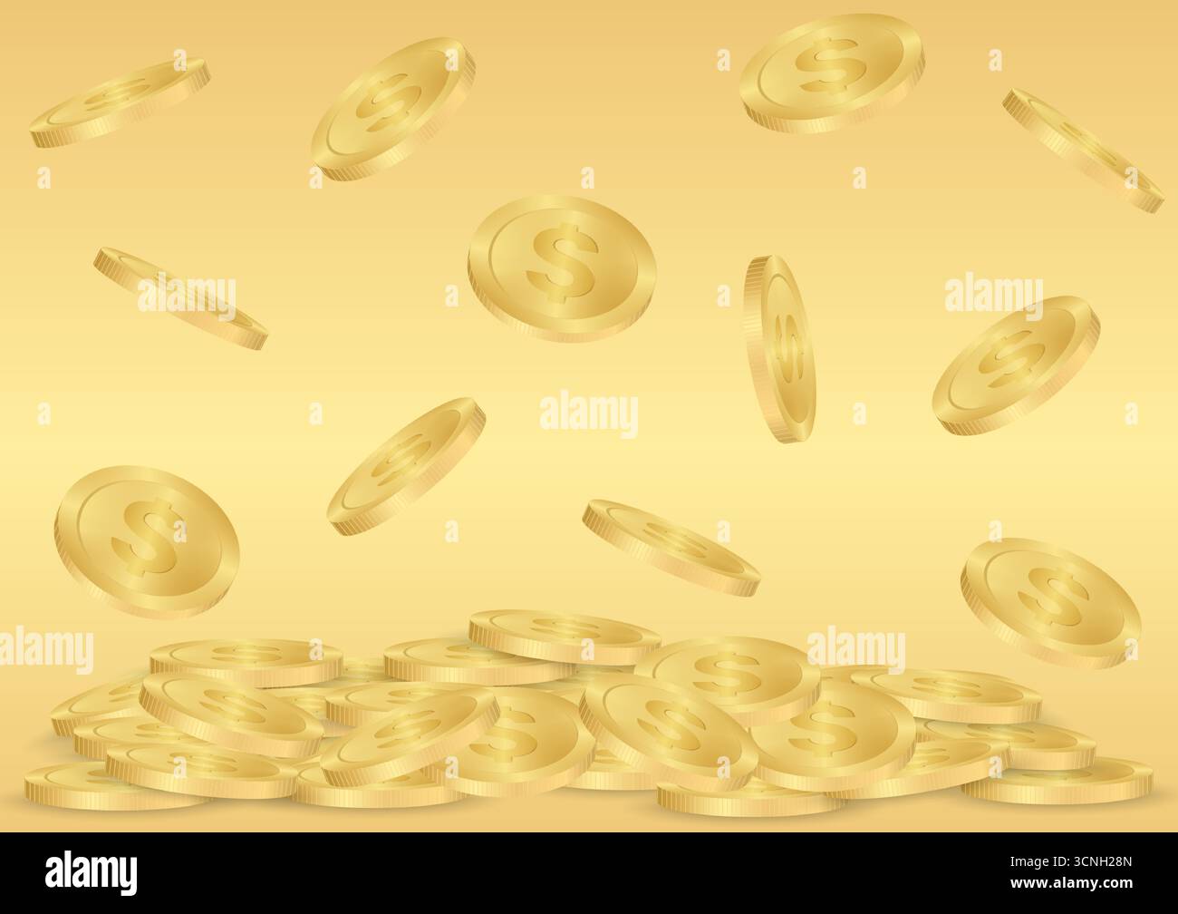 Cumulo di monete d'oro. Monete d'oro che cadono in pile di monete d'oro su sfondo dorato. Concetto di ricchezza e ricchezza. Illustrazione vettoriale. Illustrazione Vettoriale