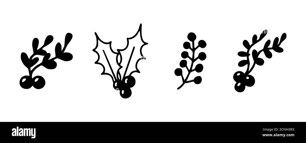 Set di spaghetti natalizi con rametti e foglie di bacche e agrifoglio. Illustrazione vettoriale disegnata a mano su sfondo bianco. Illustrazione Vettoriale
