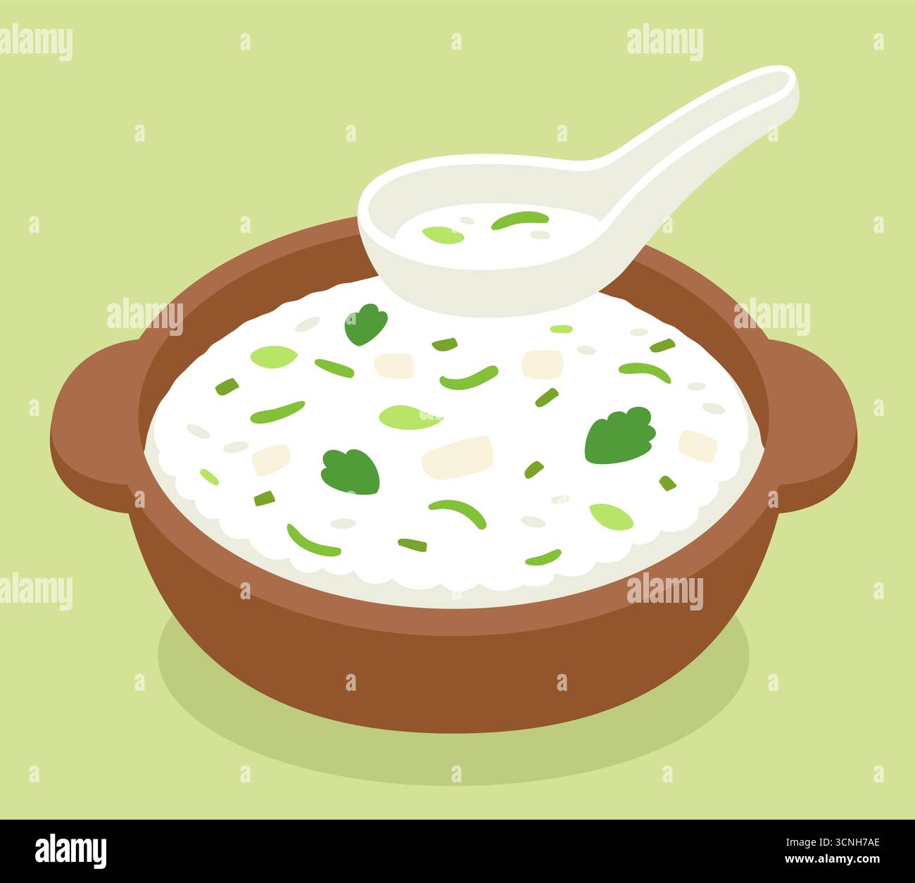 Nanakusa-gayu, tradizionale porridge di riso giapponese con sette erbe. Illustrazione grafica clip vettoriale cartoni animati. Illustrazione Vettoriale