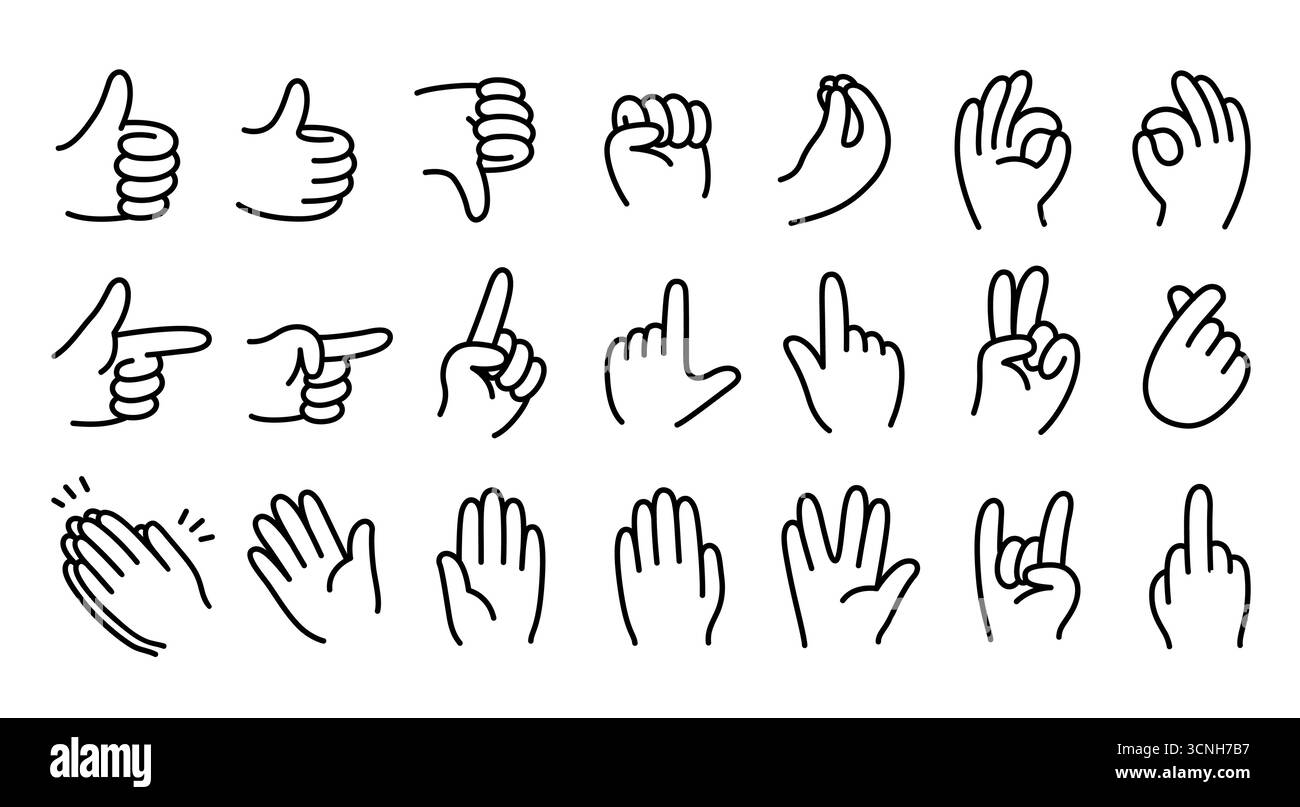 Set di gesti delle mani dei cartoni animati. Semplici icone di stile fumetto disegnate a mano. Disegni a linee bianche e nere, illustrazione vettoriale. Illustrazione Vettoriale